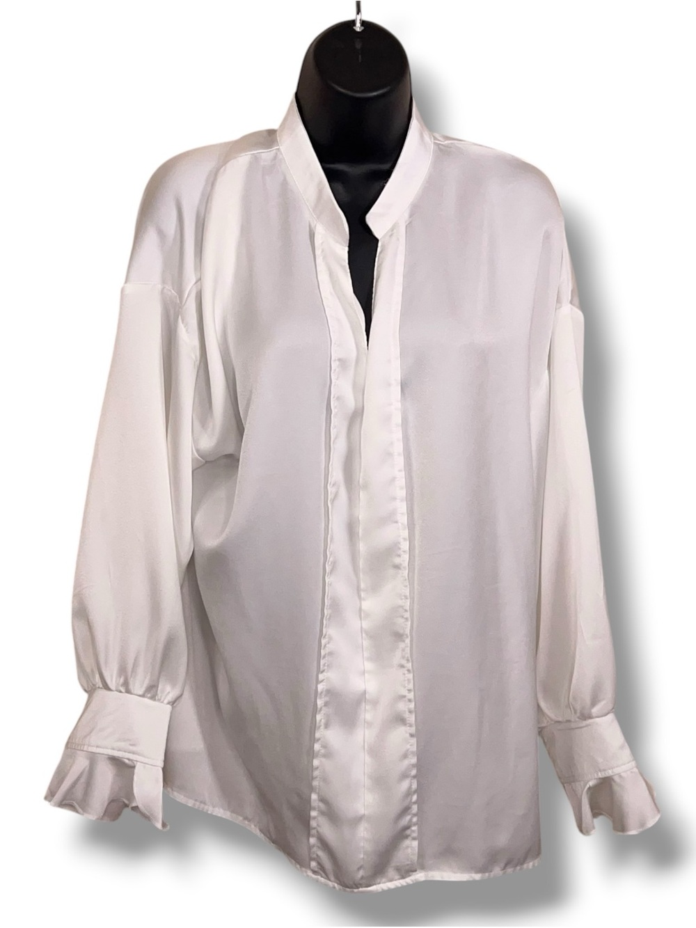 Large White Long Sleeve Blouse Satin Ruffle Accent Kawaii Goth Victorian